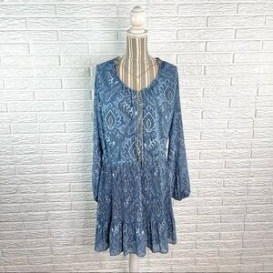 Michael Michael Kors Blue Paisley Pleated Ruffle Dress with Gold Accents Large